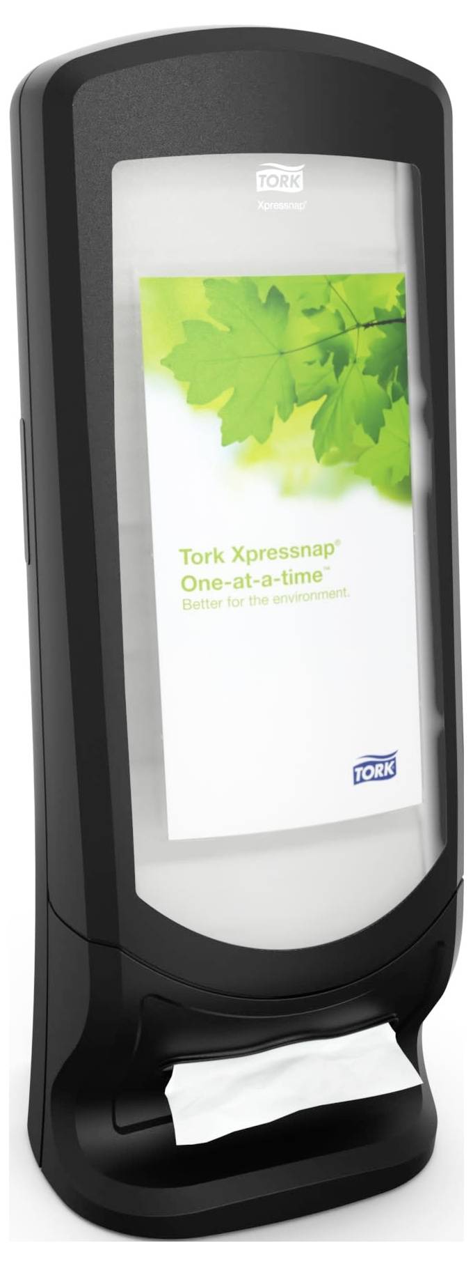 Schwarzer, wandmontierter Tork-Papierhandtuchspender mit einer „Tork Xpressnap One-at-a-time"-Blatt-Frontplatte und sichtbarer Handtuchöffnung.