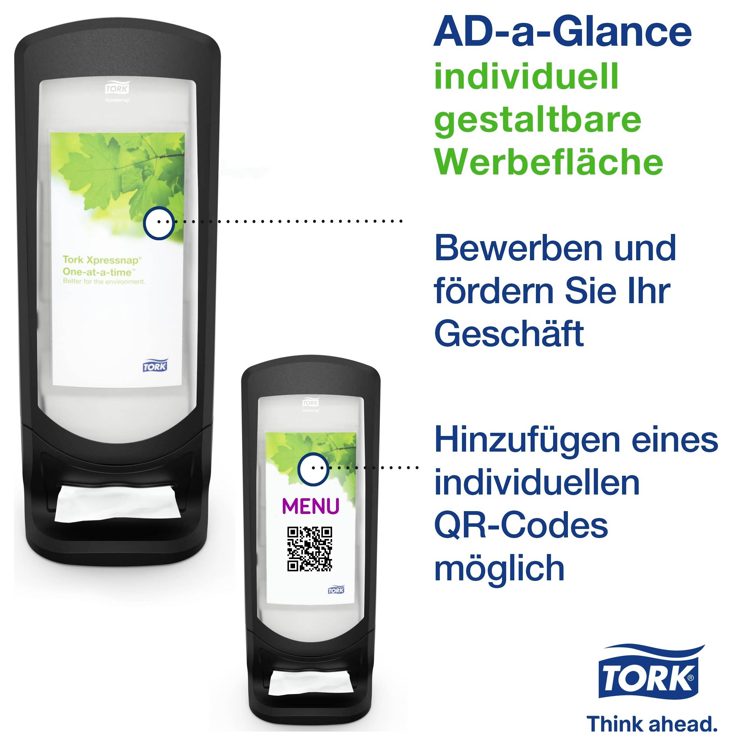 Werbedisplay von Tork mit individueller Werbefläche; Beispielplakate und QR-Code zeigen anpassbare Werbung und Zusatzinfos.<br>