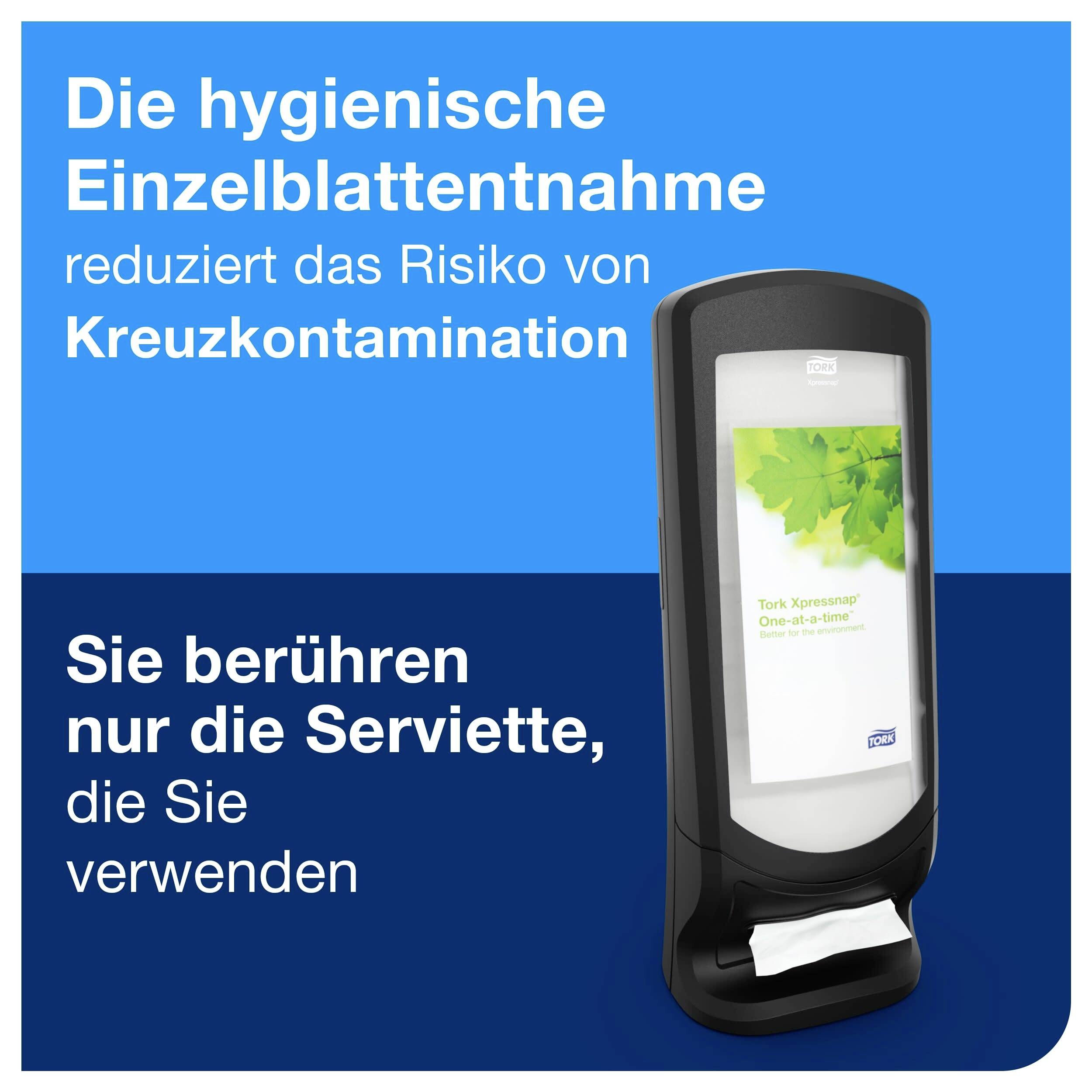 Werbeplakat für einen Spender: 'Die hygienische Einzelblattentnahme reduziert das Risiko von Kreuzkontamination'; Serviette wird nur berührt.