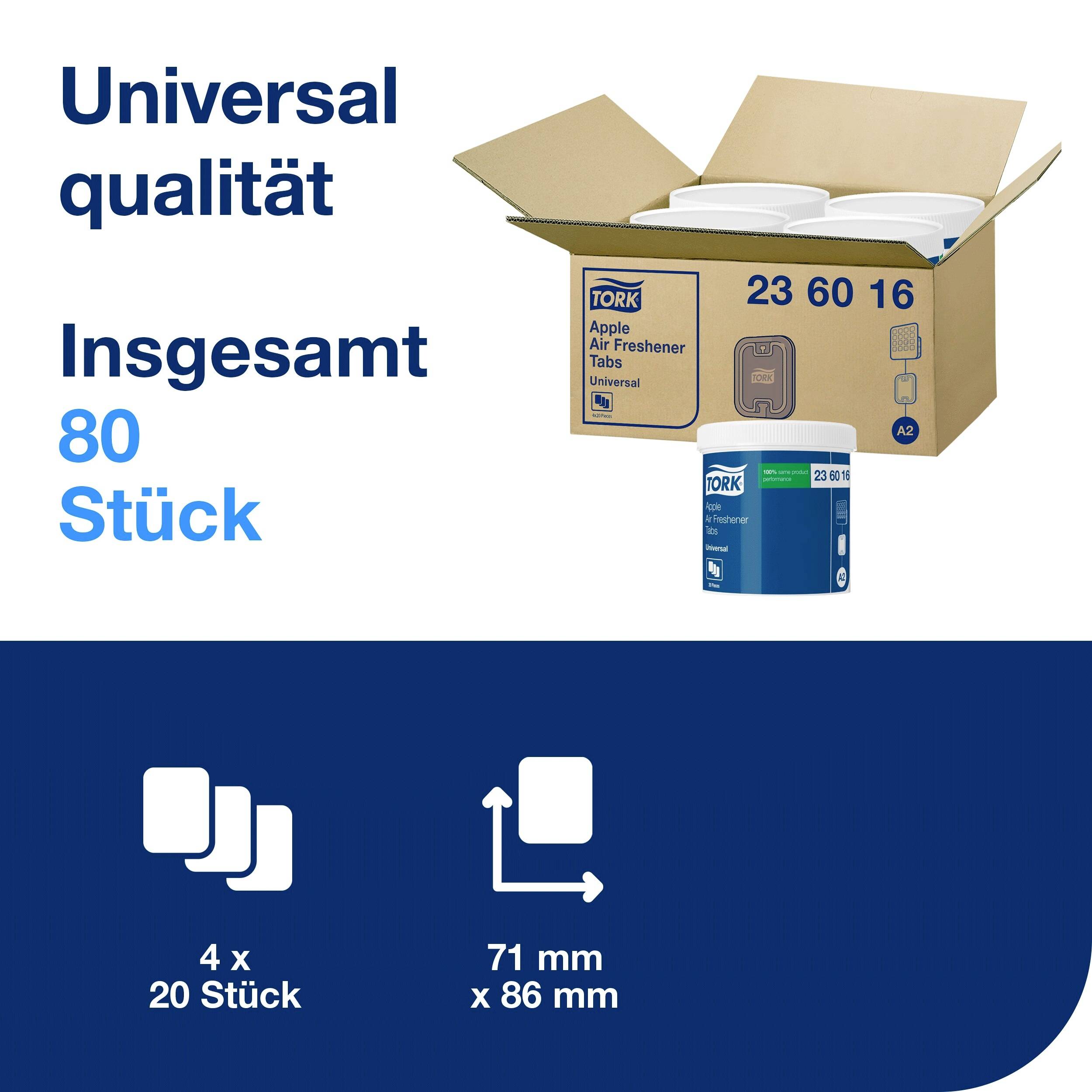'Universalqualität. Insgesamt 80 Stück.' Bild eines geöffneten Kartons mit Air Freshener Tabs. Piktogramme: 4 x 20 Stück, Maße 71 x 86 mm.