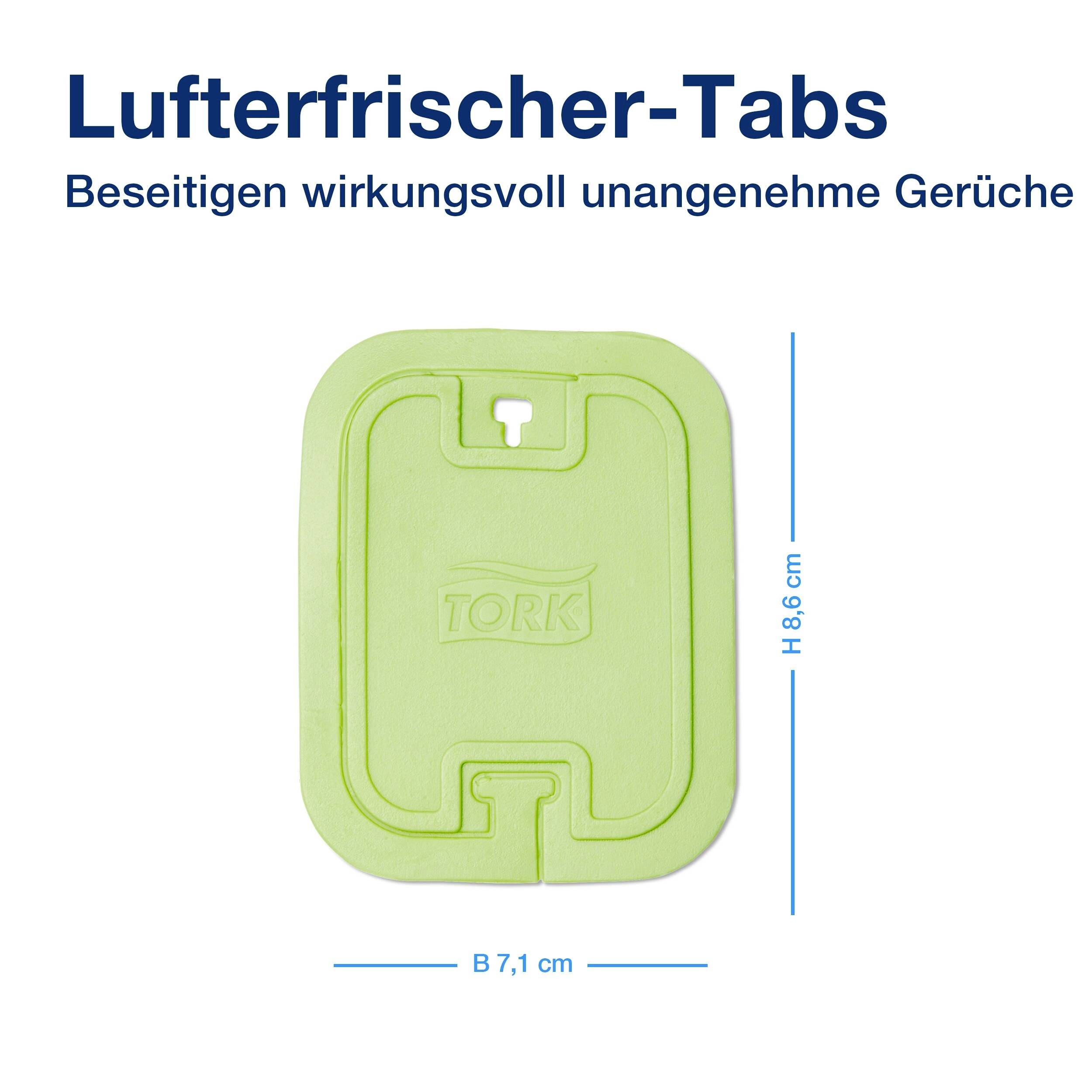 'Lufterfrischer-Tabs' in dunkelblauer Schrift. Grüner Tab mit 'Tork'-Logo in der Mitte. Maße: Höhe 8,6 cm, Breite 7,1 cm.