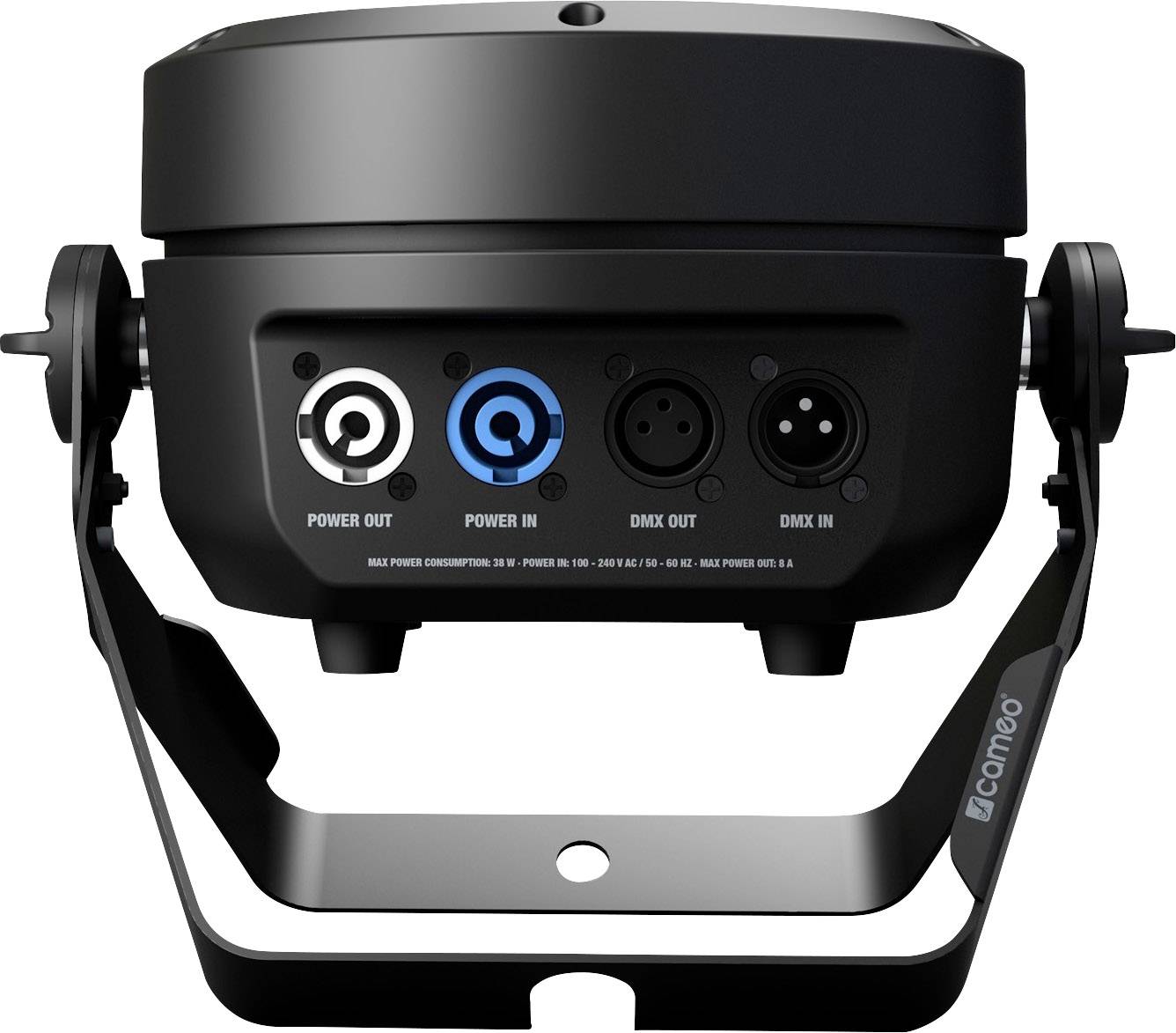 Schwarzer LED-Scheinwerfer mit Power In/Out und DMX-Anschlüssen auf der Rückseite, geeignet für Bühnenbeleuchtung.