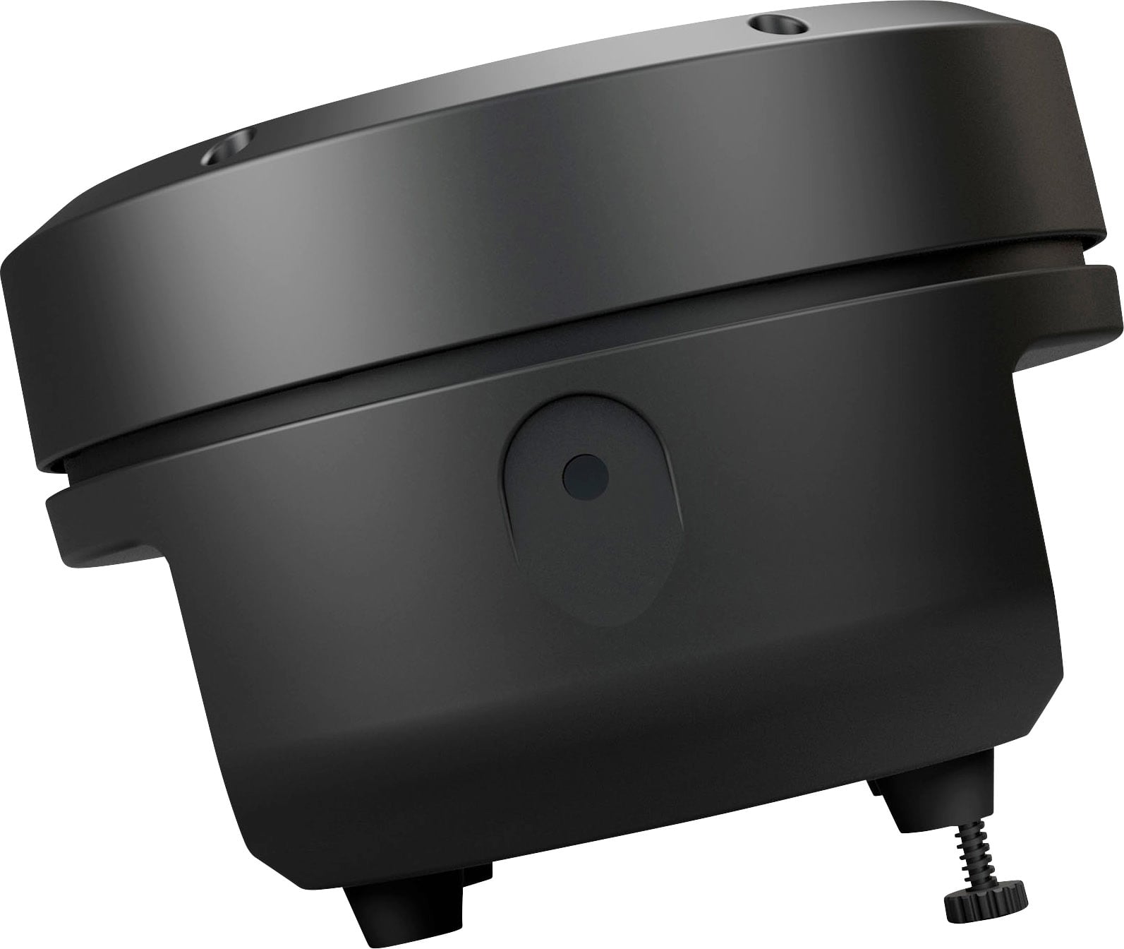 Schwarzes, rundes Gerät mit Schraube an der Unterseite, möglicherweise eine Montagevorrichtung oder Basis für ein technisches Gerät.