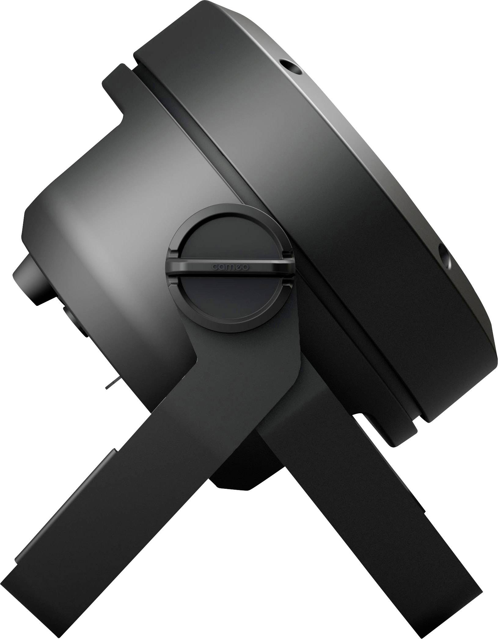 Schwarzer Scheinwerfer mit stabilem Standfuß, seitliche Ansicht. Eignet sich für Bühnen- oder Außenbeleuchtung.