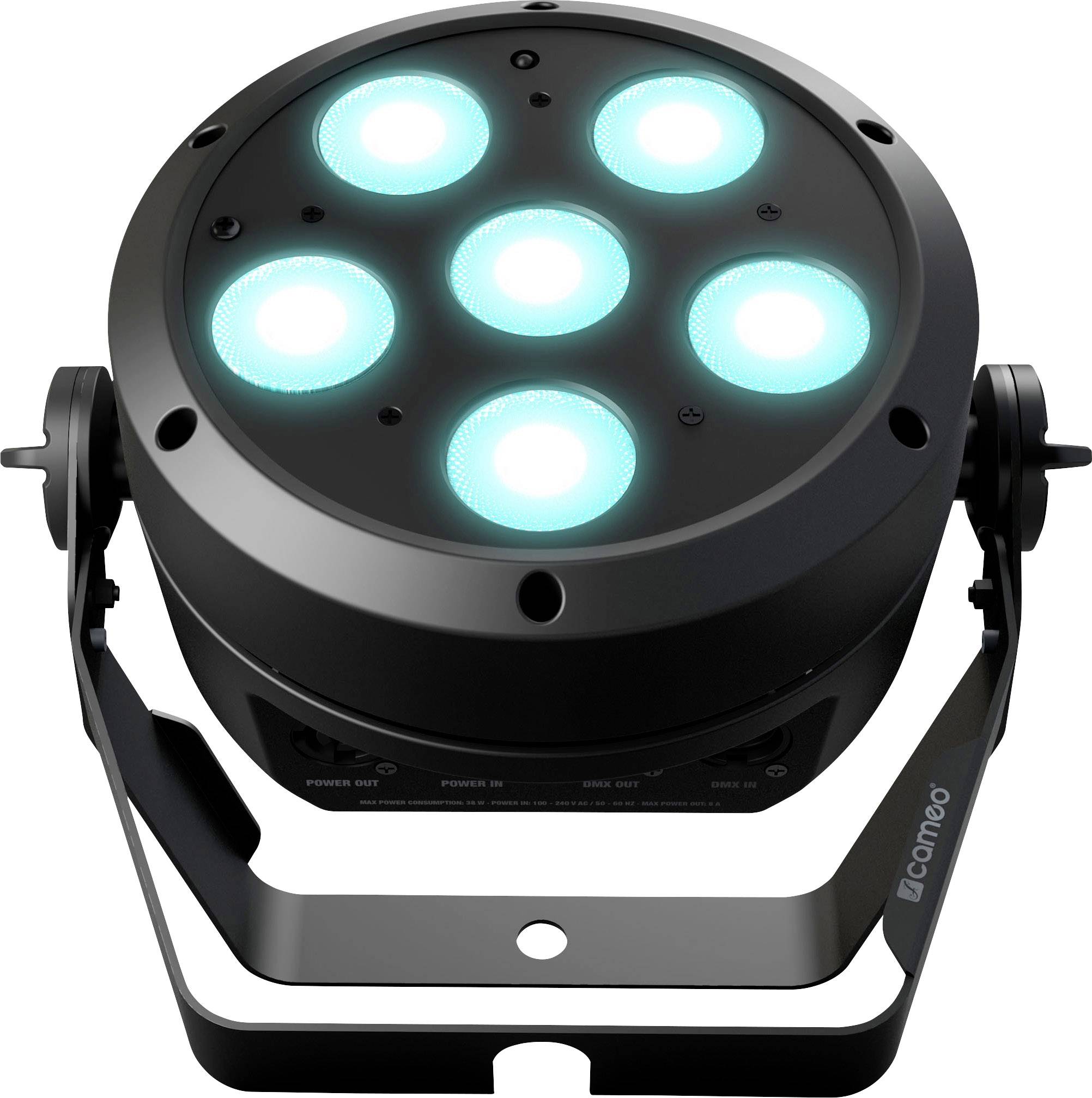 Ein schwarzer LED-Scheinwerfer mit sechs leuchtenden blauen LEDs auf schwarzem Gehäuse, geeignet für Bühnenbeleuchtung.