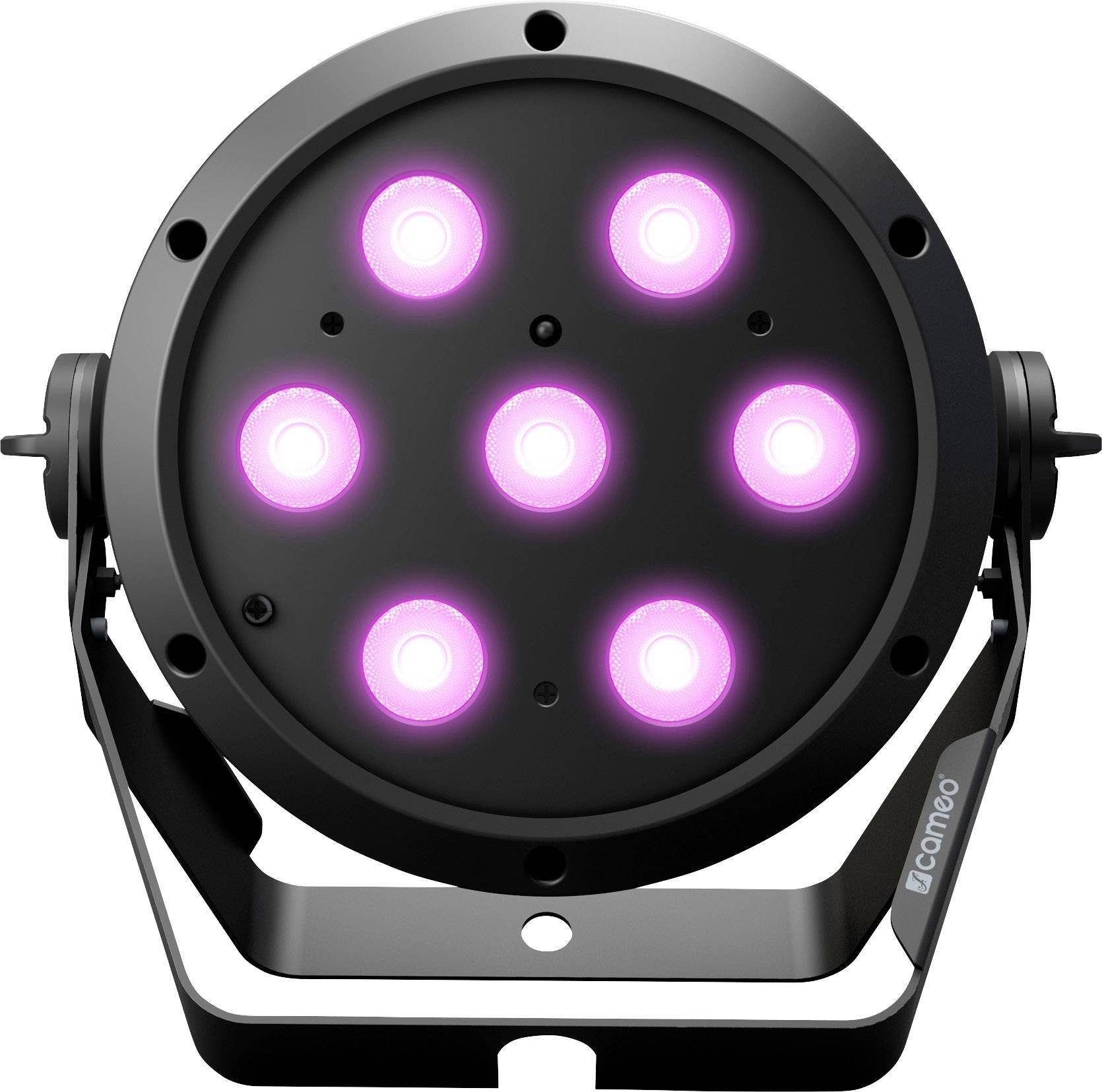 Eine schwarze LED-Bühnenleuchte mit sieben pink leuchtenden Kreisen, montiert auf einem verstellbaren Ständer.