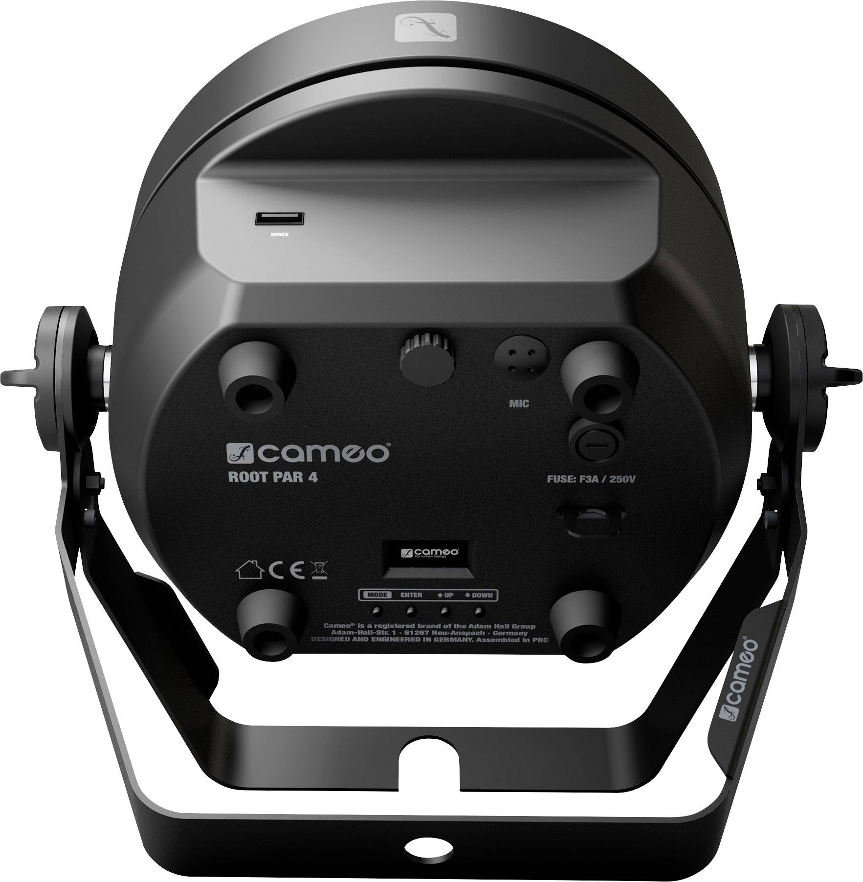 Ein schwarzer LED-Scheinwerfer von Cameo, Modell Root Par 4, zeigt die Rückseite mit Anschlüssen und Steuerungsoptionen.
