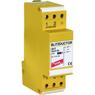 Ein gelbes Überspannungsschutzgerät namens 'BLITZDUCTOR' von DEHN, Modell BVT ALD 60, für den Schutz elektrischer Anlagen.