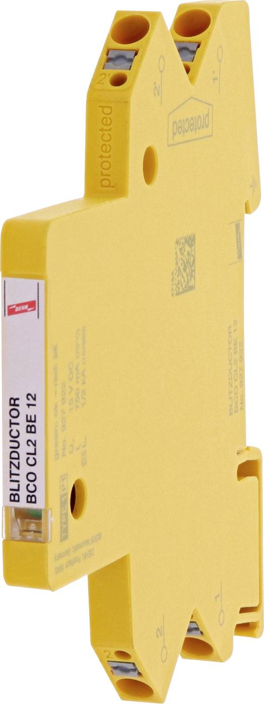 Gelbes Überspannungsschutzgerät mit der Aufschrift 'BLITZDUCTOR BCO'. Slimline-Design für Montage auf einer Hutschiene.
