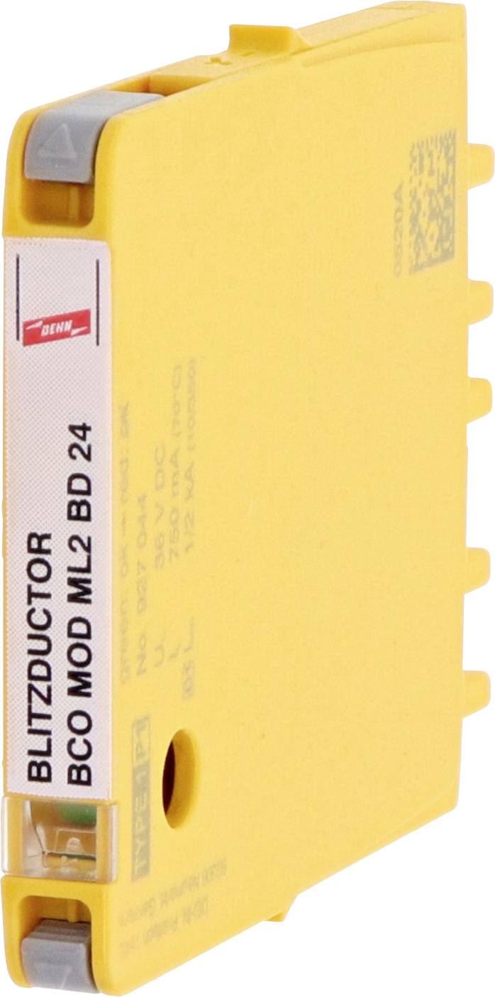 'Blitzductor BCO MOD ML2 BD 24' ist ein gelbes, rechteckiges Überspannungsschutzgerät von DEHN.