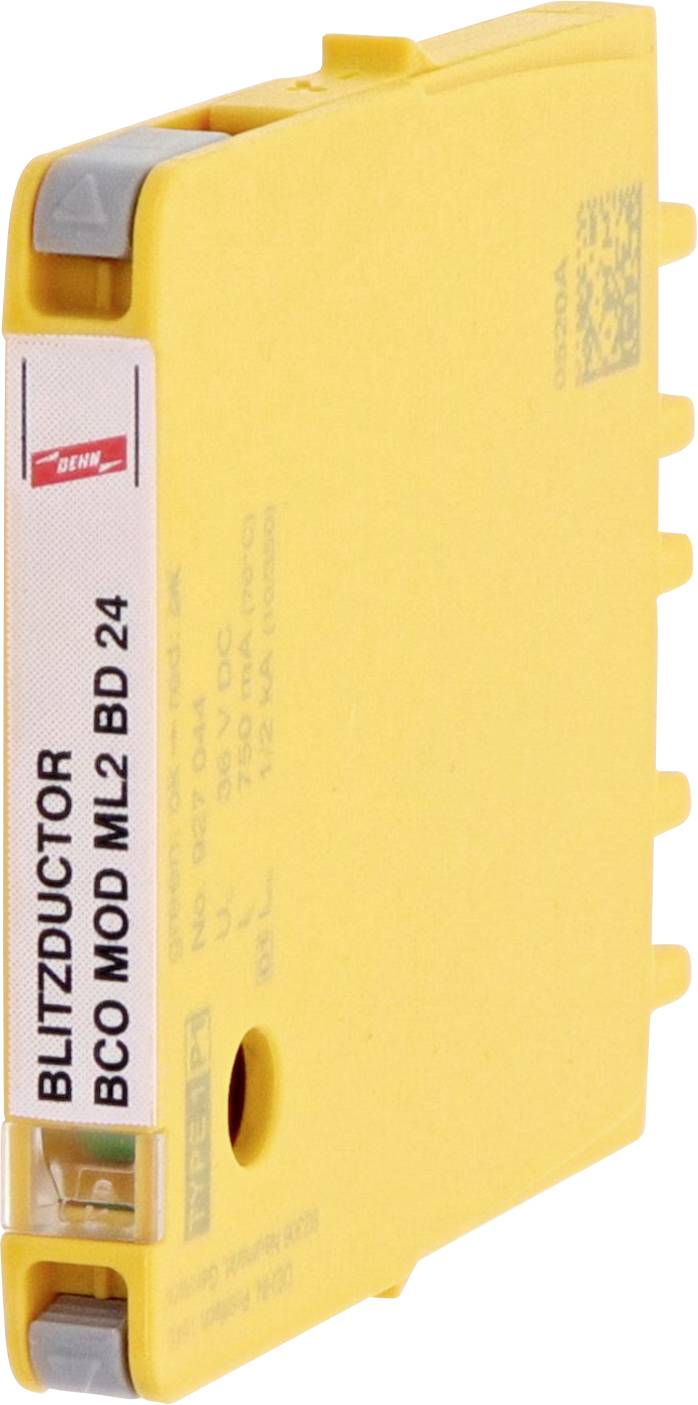 Gelber Blitzschutzmodul mit der Aufschrift 'BLITZDUCTOR BCO MOD ML2 BD 24', verwendet für Überspannungsschutz in elektrischen Anlagen.