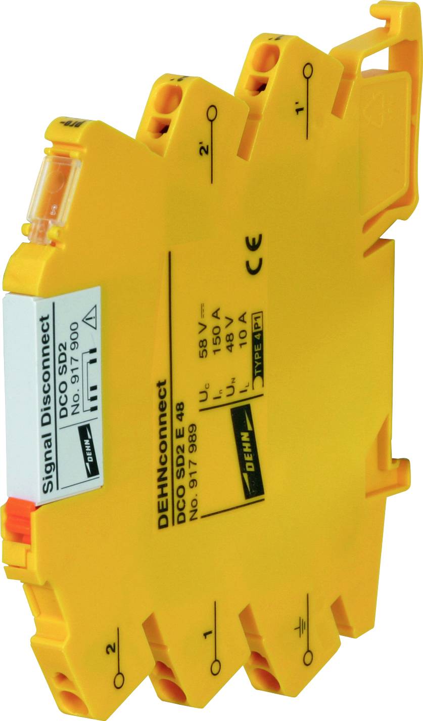 Gelbes Überspannungsschutzmodul für DC-Signalleitungen, Modell DEHNconnect DCSD2E, 5-polig, mit technischer Beschriftung auf der Seite.