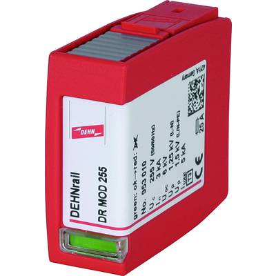 Ein rotes DEHN-Überspannungsschutzgerät, Modell DR MOD 255, für den Schutz elektrischer Systeme. Weiße Etiketten mit technischen Spezifikationen.