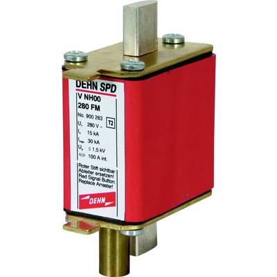Rotes elektrisches Bauteil mit der Aufschrift 'DEHN SPD V NH00 280 FM'. Technische Spezifikationen sind auf dem Etikett angegeben.
