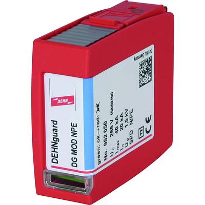 Rotes Überspannungsschutzgerät 'DEHNguard DG MOD NPE', zeigt technische Spezifikationen wie Spannung (255 V) und Schutzfunktion.