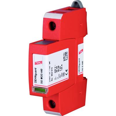 Rotes Überspannungsschutzgerät 'DEHNguard DG MOD 440' mit Prüfsiegel und technischen Daten auf dem Etikett, rechteckige Form.