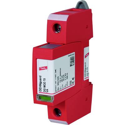 Ein rotes Überspannungsschutzgerät mit Spezifikationen auf einem Etikett: Typ 'DG MOD 75 VA', Nennspannung 300 V, Maximalstrom 100 kA.