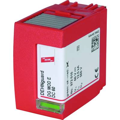 Roter Überspannungsschutz DEHNguard DC 60, Modell-Nr. 952010, für Gleichspannung bis 600 V, mit grüner Anzeige für Betriebsbereitschaft.