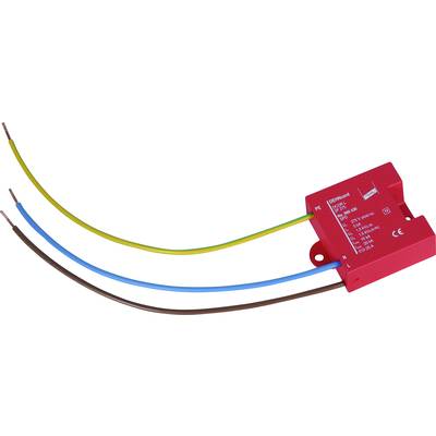 Ein rotes elektronisches Bauteil mit drei herausragenden, bunten Kabeln; verwendet zur Elektroinstallation.
