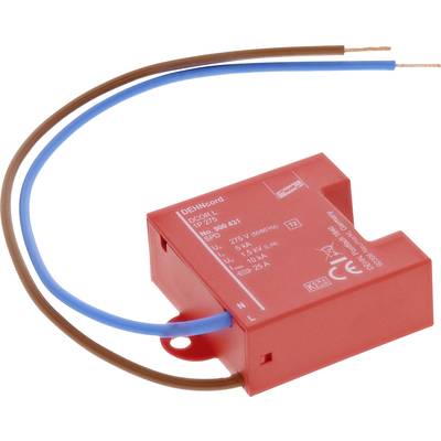 Ein rotes elektrisches Gerät mit zwei herausragenden Drähten, eines braun, eines blau. Das Gerät ist mit technischen Spezifikationen beschriftet.