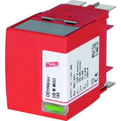 Rotes elektrisches Gerät mit der Aufschrift 'DEHNbloc'. Technische Angaben wie Spannung und Stromstärke sind auf dem Etikett sichtbar.