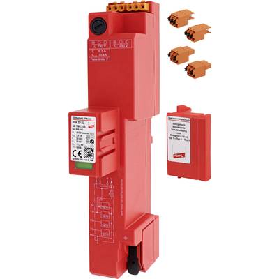 Rotes elektrisches Bauteil mit Beschriftungen und Diagrammen. Enthält technische Details zu Spannung, Stromstärke und Sicherungen.