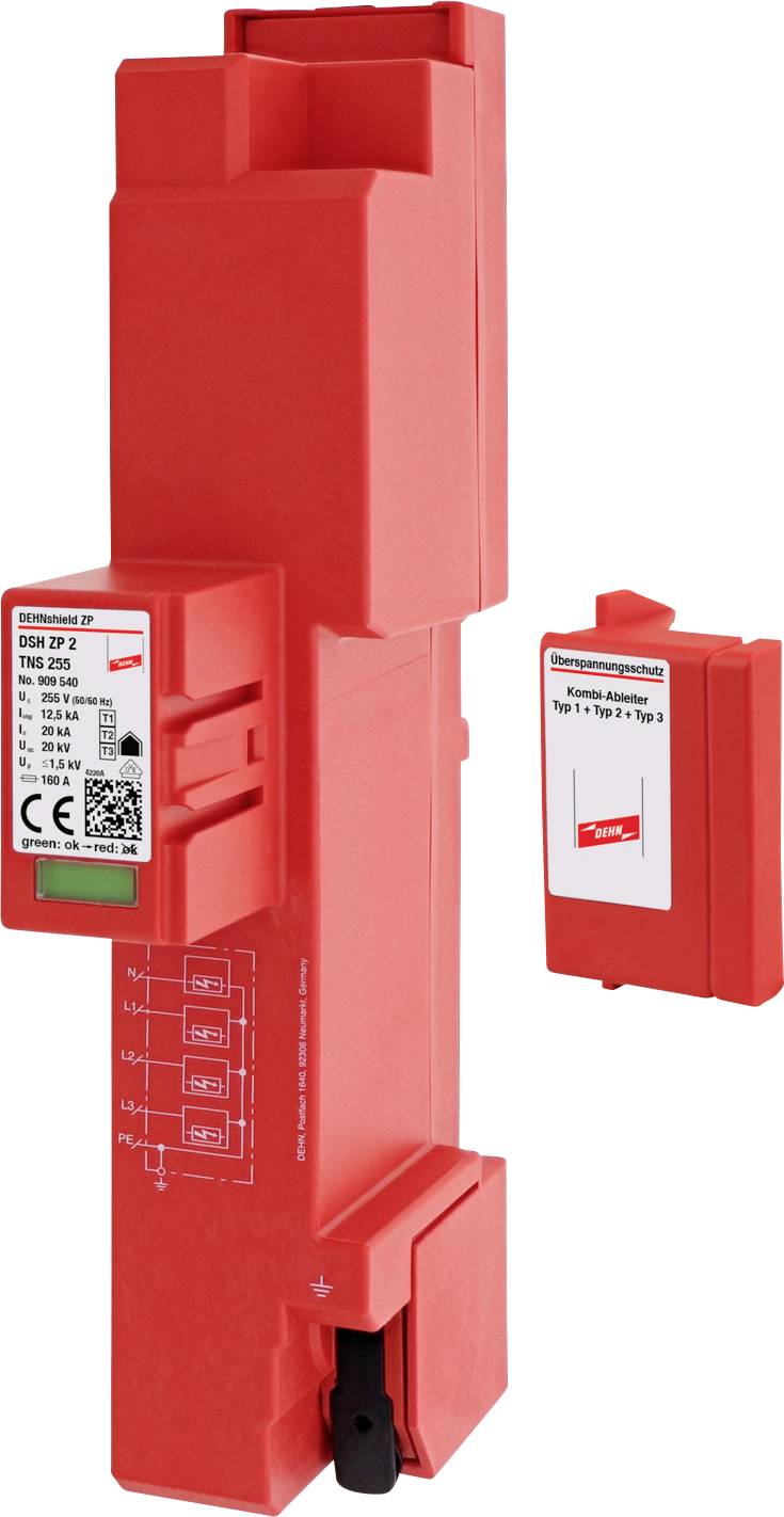 Roter Überspannungsschutz mit Prüfetikett und Diagramm. Zeigt zwei Geräte, eines größer, eines kleiner. Zweck: Schutz elektrischer Systeme.