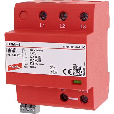 Ein rotes Überspannungsschutzgerät mit Beschriftungen auf der Vorderseite. Es hat mehrere Anschlüsse und ist für elektrische Installationen geeignet.