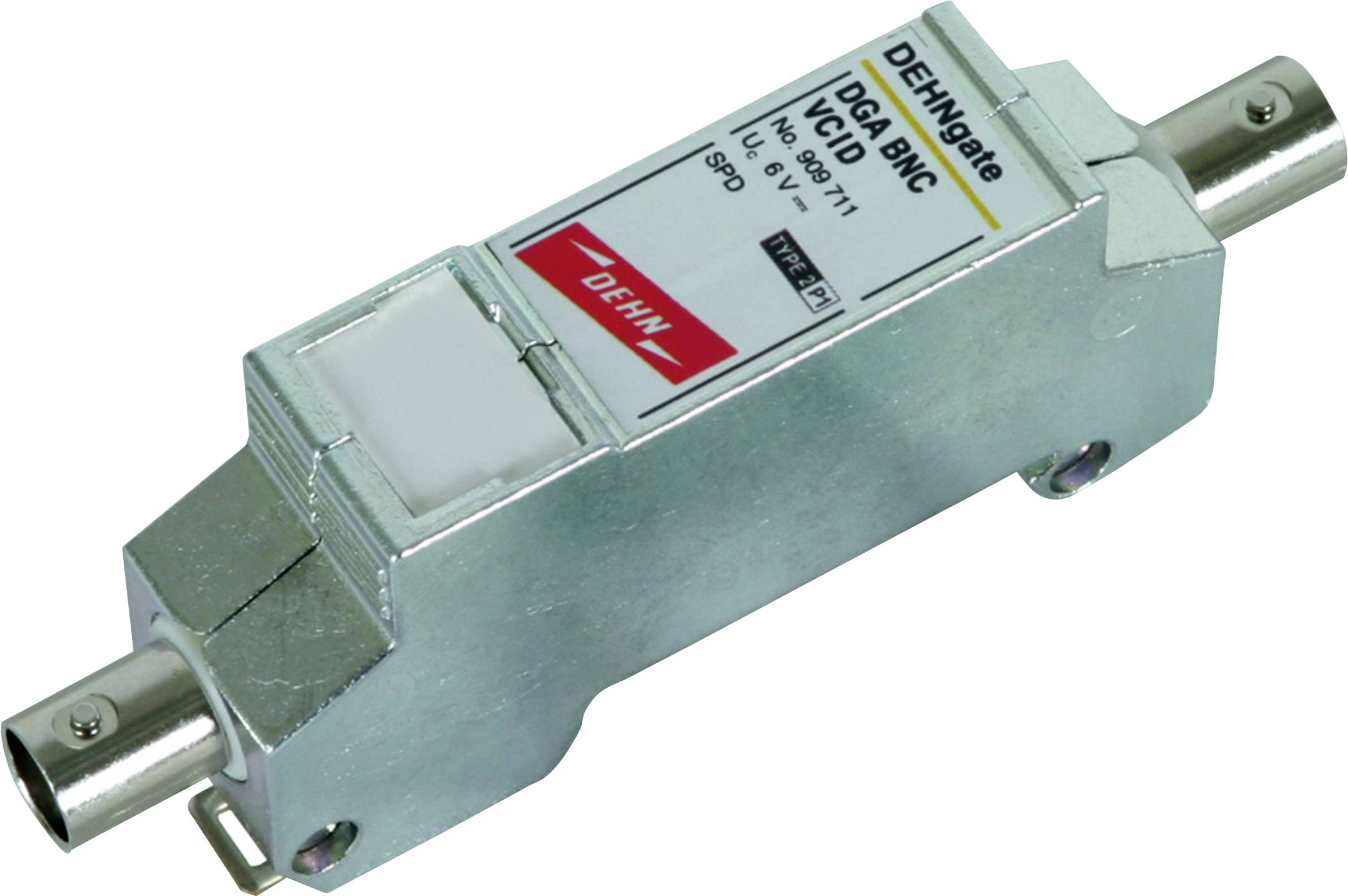 Ein silberner Überspannungsschutz vom Typ DEHNguard mit BNC-Anschlüssen für Koaxialkabel, geeignet für maximale Spannung von 90 V.