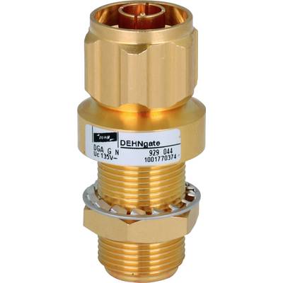 Ein kupferfarbener Überspannungsschutzadapter mit der Aufschrift 'DEHNgate DGA G N UC 135V'.