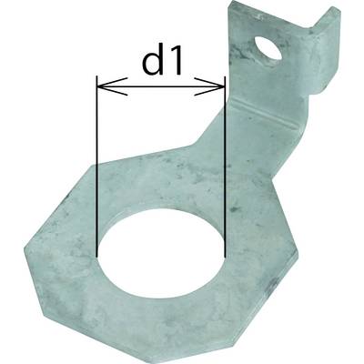 Metallscheibe mit achteckiger Form und großem Loch in der Mitte. Ein kleines Loch am oberen gebogenen Ende. Beschriftung 'd1'.