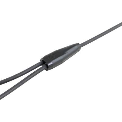 Ein schwarzes Stromkabel mit einer Verbindungsmuffe in der Mitte, das zwei separate Kabel verbindet.