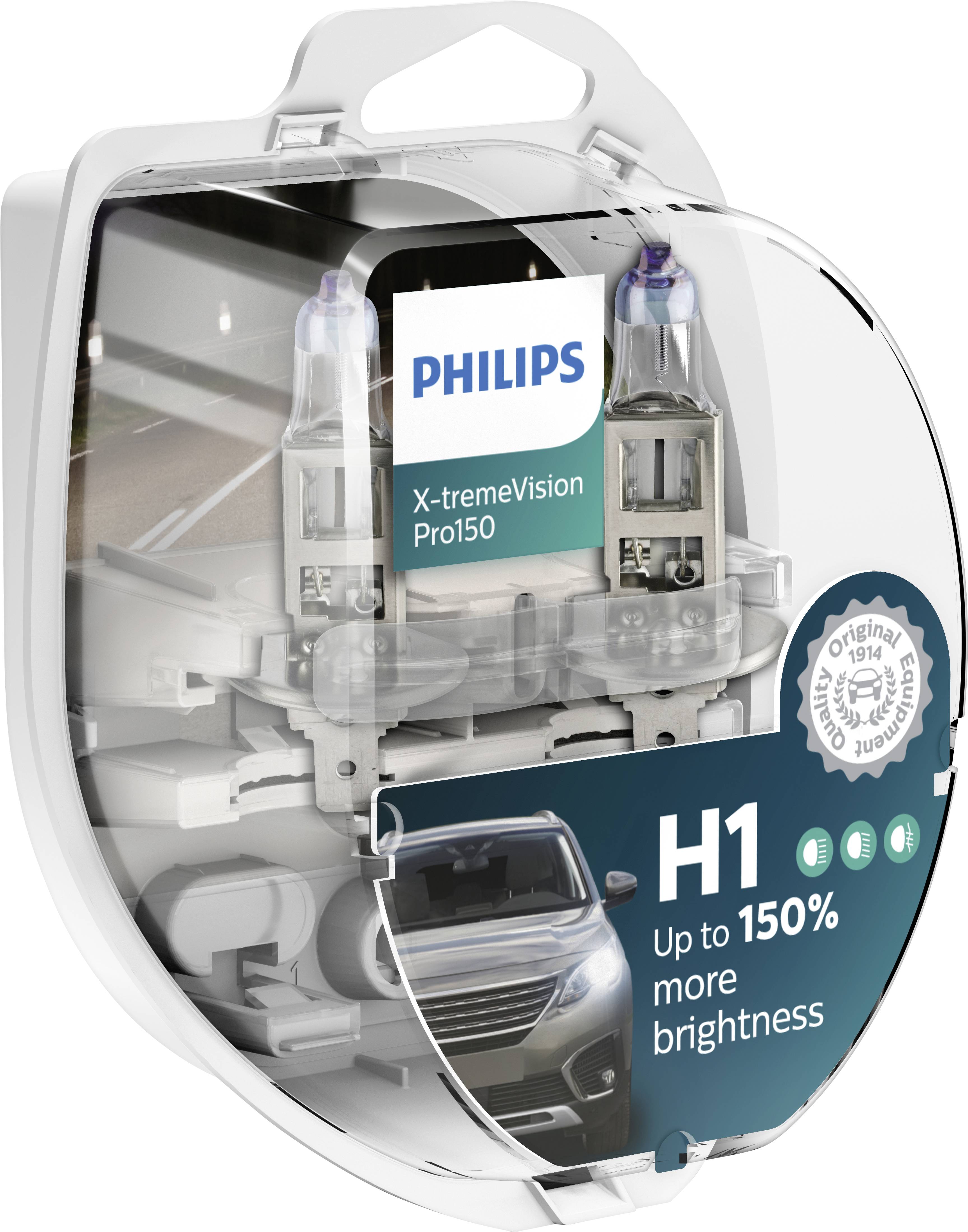 Verpackung von zwei Philips H1-Autolampen, 'X-tremeVision Pro150', verspricht bis zu 150 % mehr Helligkeit. Fahrzeugbild im Hintergrund.