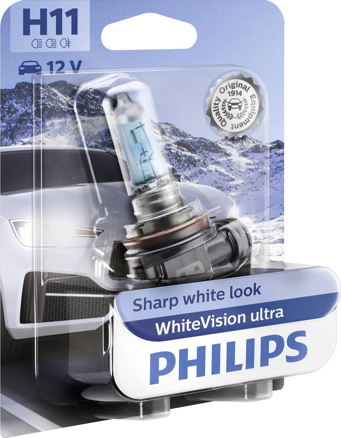 'Philips WhiteVision ultra' Autolampe H11 in Verpackung vor winterlicher Berglandschaft. Scharfer weißer Look, 12 V.