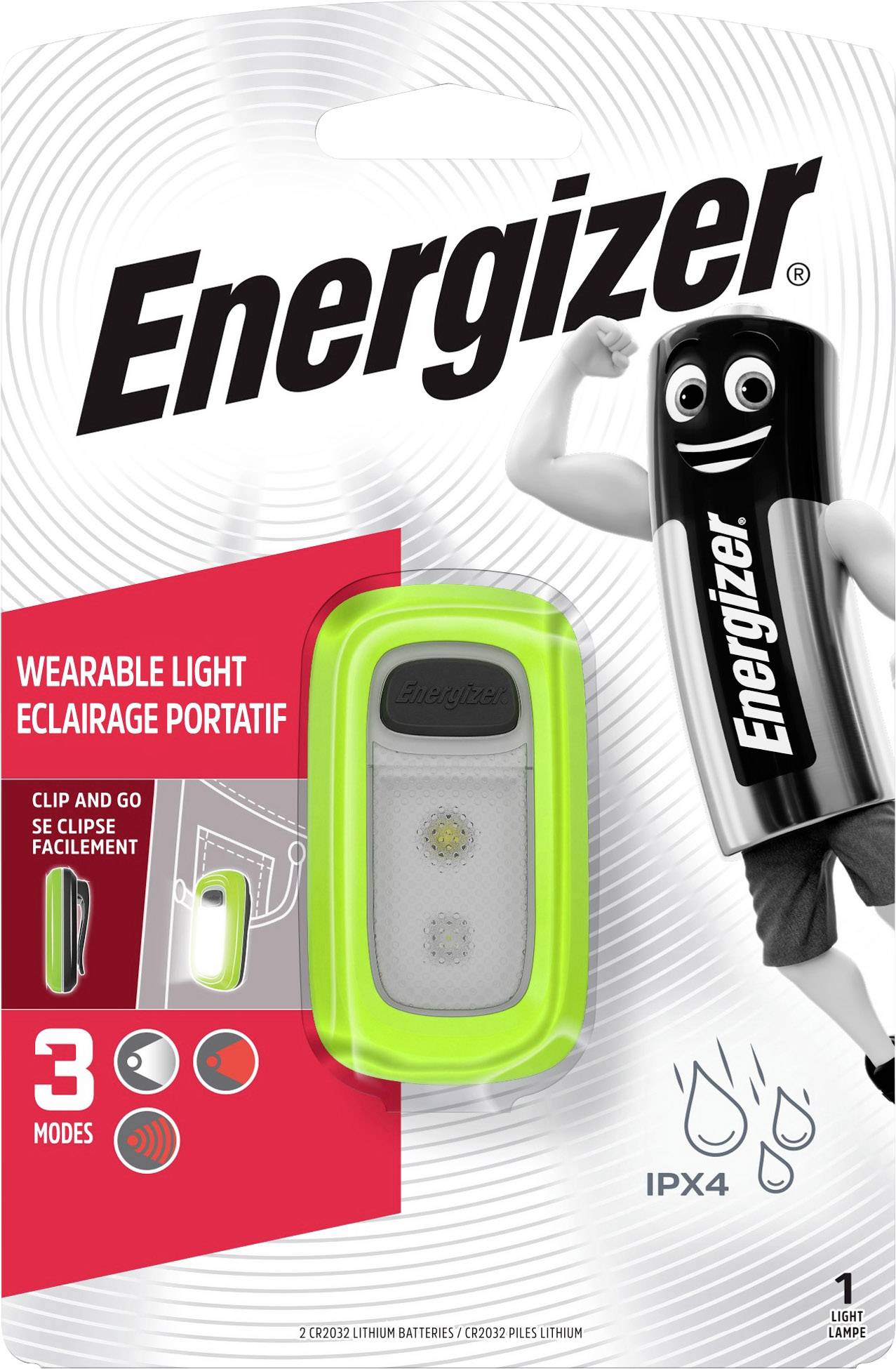 Eine tragbare Leuchte von Energizer in grüner Farbe. Sie bietet drei Modi und ist spritzwassergeschützt (IPX4). Verpackung zeigt ein Batterie-Maskottchen.