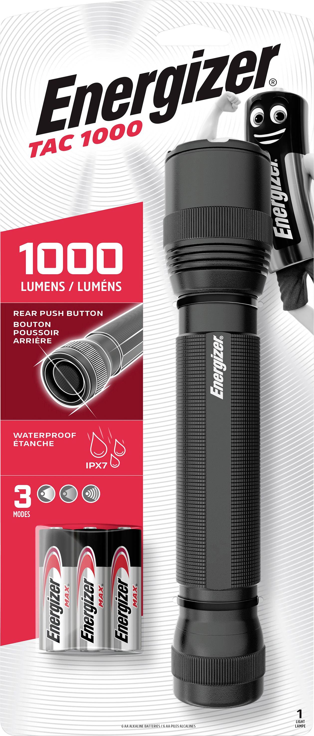 Taschenlampe 'Energizer TAC 1000', 1000 Lumen, wasserdicht (IPX7), mit Druckknopf. Enthält drei Batterien.