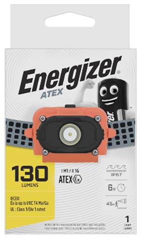 Verpackung einer Energizer ATEX Taschenlampe, 130 Lumen, IP67, für den Einsatz in explosionsgefährdeten Bereichen geeignet.
