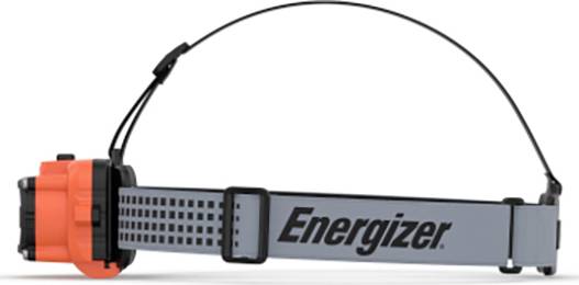 Kopflampe mit grauem Stirnband, das 'Energizer' zeigt, und einem orangefarbenen Lichtgehäuse, seitlich abgebildet.