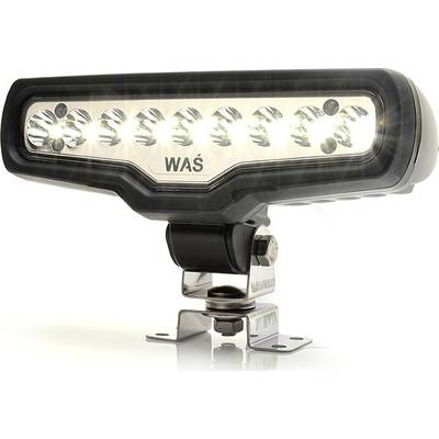 Ein LED-Arbeitsscheinwerfer mit der Aufschrift 'WAŚ', montiert auf einer Halterung. Der Scheinwerfer verfügt über zwölf leuchtende LEDs.