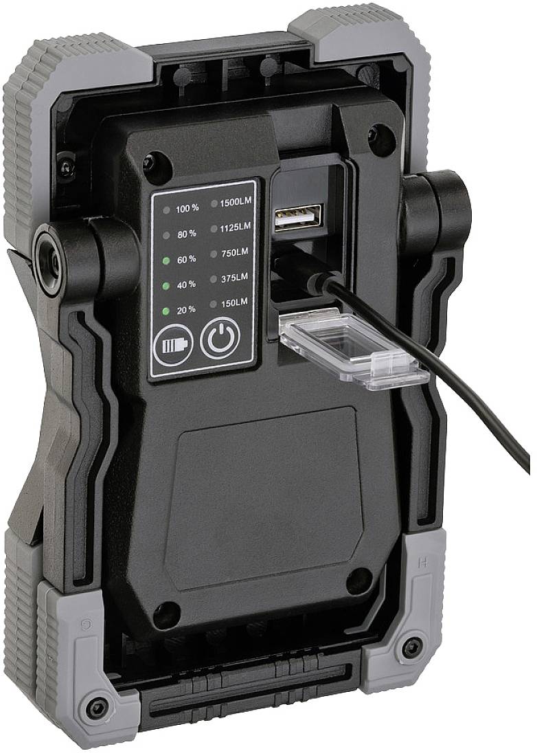 Tragbare Arbeitsleuchte mit Anzeige für Batteriestand (100% bis 20%), USB-Anschluss und Schalter, im robusten Gehäuse.