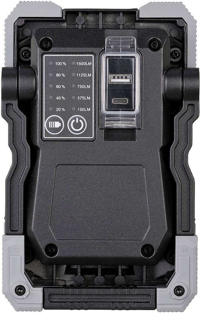 Tragbare Arbeitsleuchte mit USB-Ladeanschluss, Batterieanzeige und Helligkeitsstufen in Lumen.