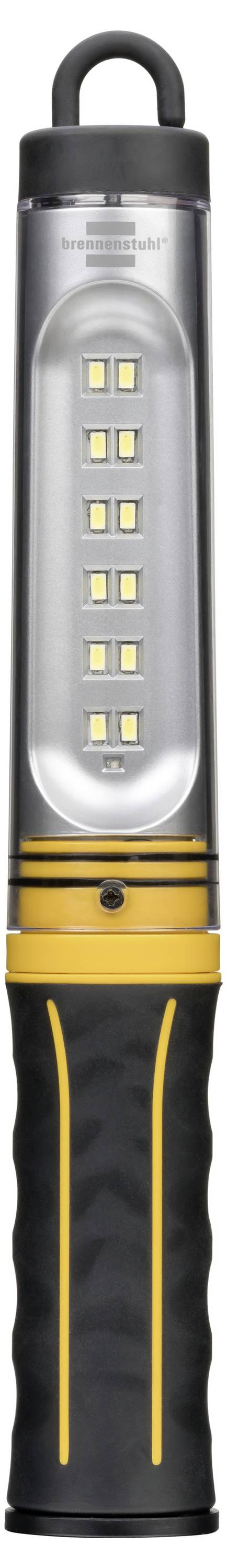 Schwarz-gelbe wiederaufladbare Taschenlampe, die aufrecht steht, mit einem Hakhengriff und mehreren LED-Lichtpaneelen an der Vorderseite.