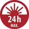 Rundes rotes Schild mit einem Sonnensymbol und dem Text „24h MAX.", das maximales Parken oder die Nutzung von 24 Stunden anzeigt.