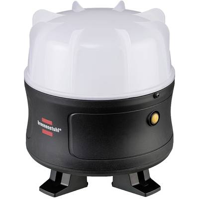 Tragbare LED-Arbeitsleuchte mit durchscheinendem Kuppeldiffusor, schwarzer Basis, seitlicher Stromschalter und robusten Statativbeinen auf weißem Hintergrund.