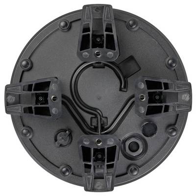 Draufsicht einer kreisförmigen schwarzen Montageplatte mit vier verstellbaren Klammern um einen zentralen Ring, wahrscheinlich eine Hardware-Halterung oder Vorrichtungsbasis.