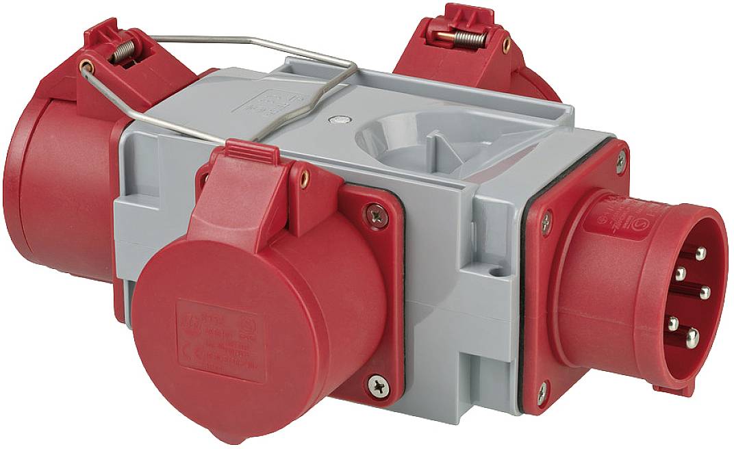 Ein roter und grauer Mehrfachstecker mit zwei Steckdosen und einem Stecker, geeignet für industrielle Anwendungen.