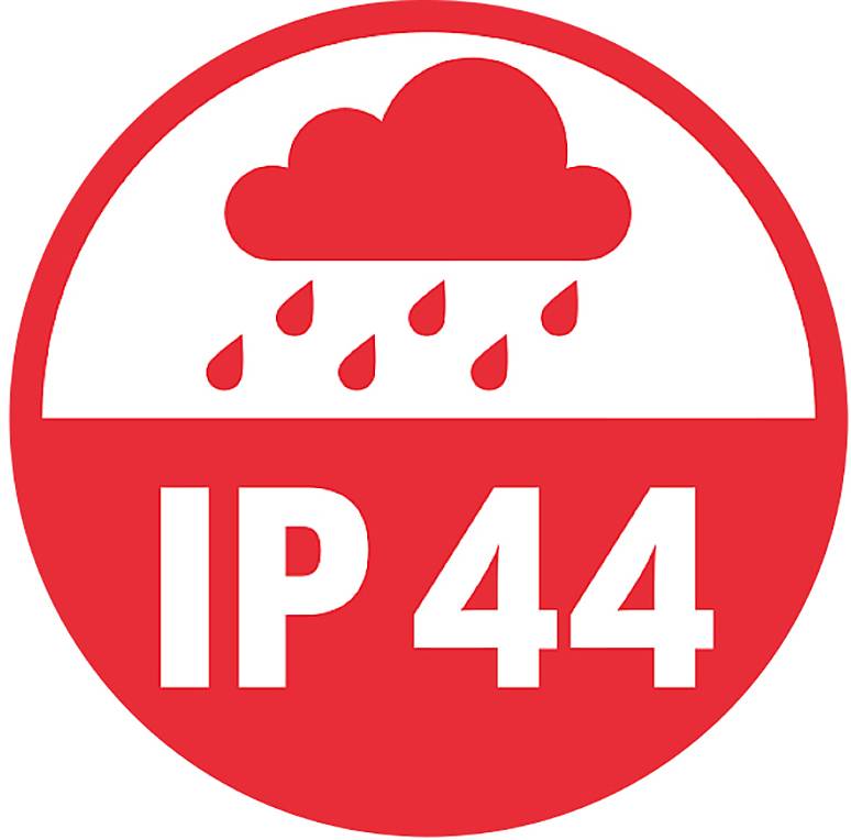 Rotes Symbol mit Wolke und Regentropfen. Text 'IP 44', bedeutet Schutz gegen Spritzwasser und Festkörper größer als 1 mm.