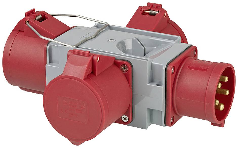 Rote, dreifach kombinierte CEE-Steckdose mit einer grauen Basis, geeignet für industrielle Stromversorgung.