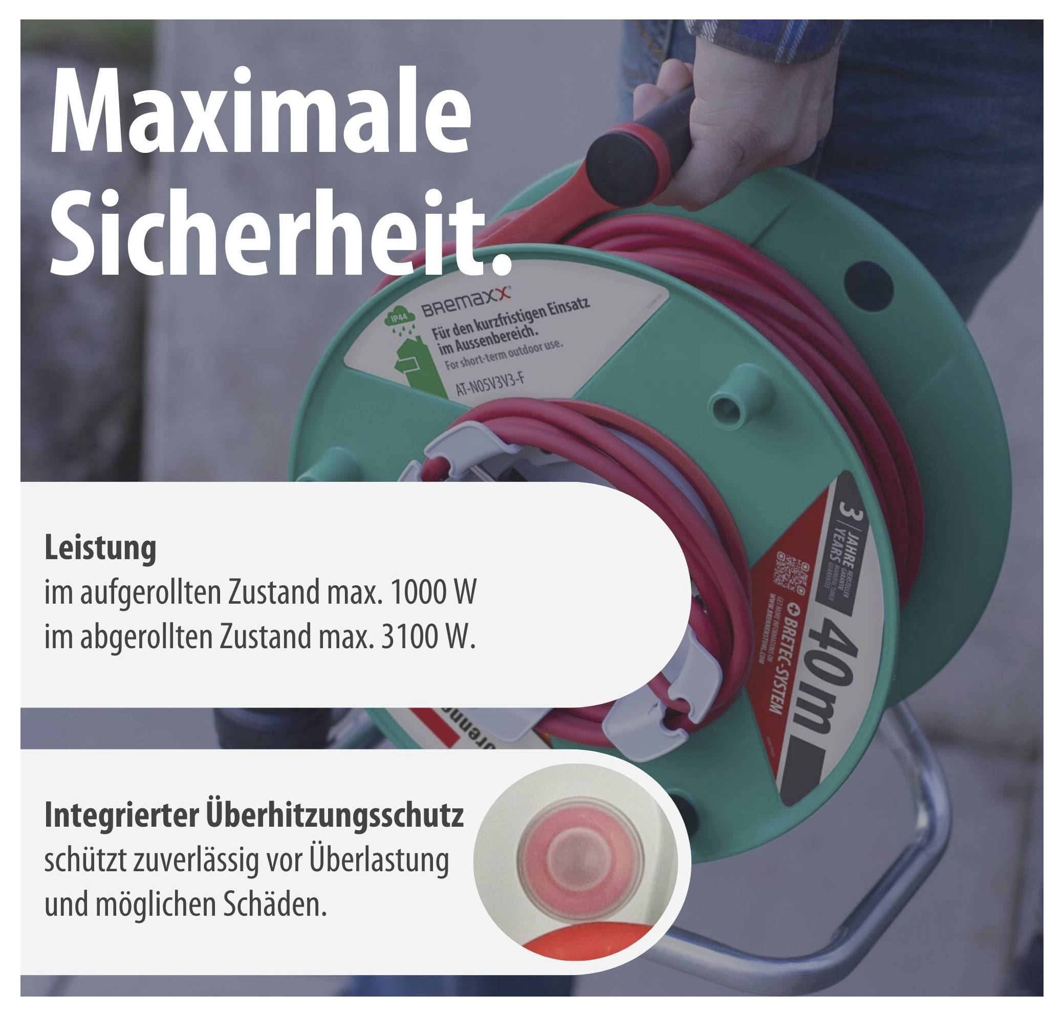 Werbung für eine Kabeltrommel: 'Maximale Sicherheit', Leistung max. 1000 W aufgerollt, 3100 W abgerollt; integrierter Überhitzungsschutz.