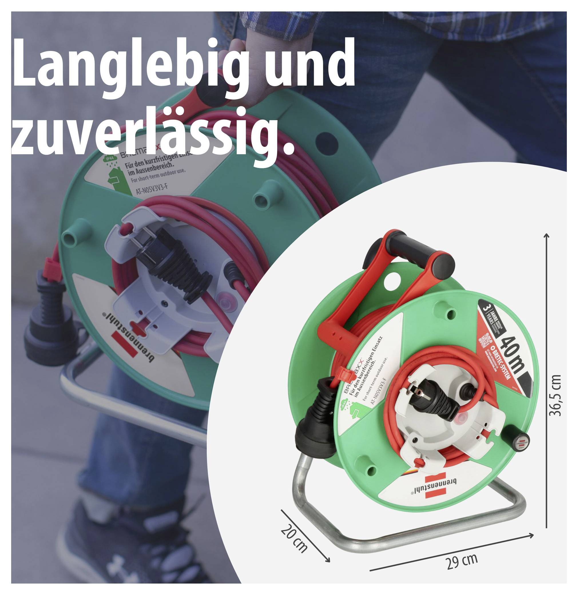 Kabeltrommel mit Tragegriff und Maßangaben: 29 cm breit, 36,5 cm hoch, 20 cm tief; beworben mit 'Langlebig und zuverlässig.'
